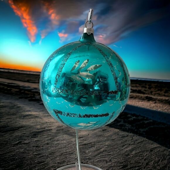 Mercury Glass Ball Ornament Blue West Germany LARGE Handblown 925 Silver Glitter - Picture 12 of 14